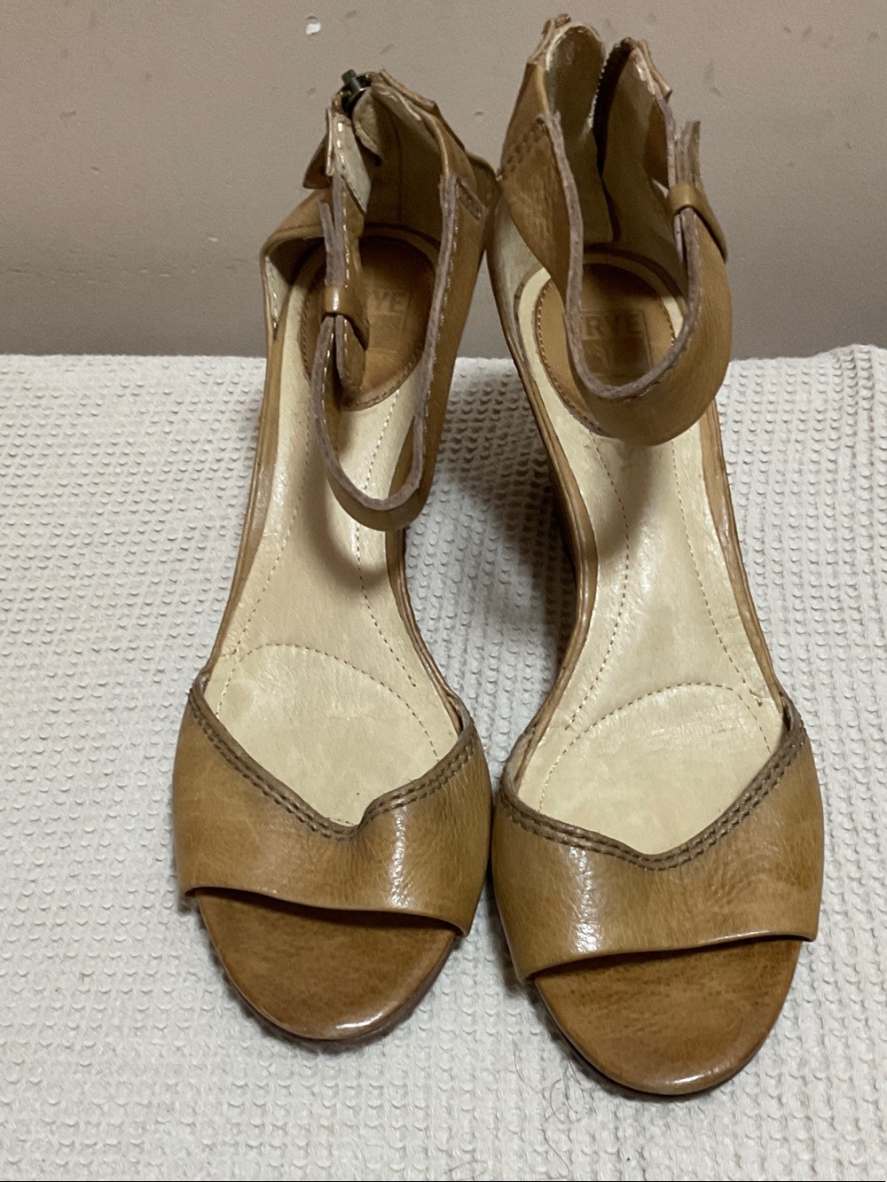Frye Tan Leather Ankle-Strap Open-Toe Heels
